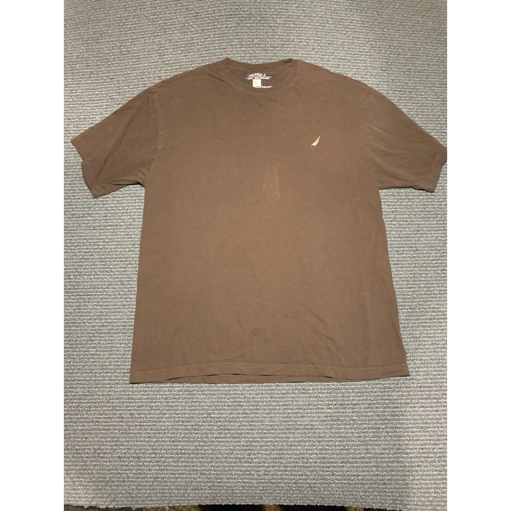 Nautica Mens XL Brown Short Sleeve Cotton T Shirt Logo Crew Neck Regular Fit